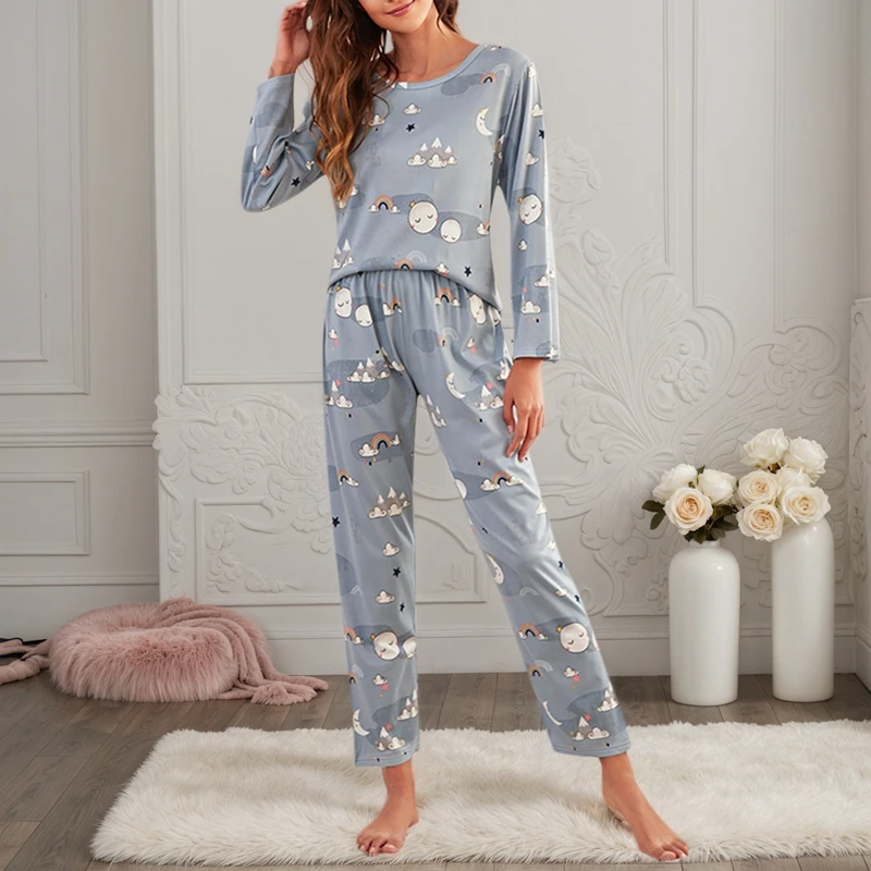 

Rainbow Cloud Print Satin Pyjama Set For Women Long-Sleeve Round Neck Top And Long Pant Fit Daily Wear Home Outfits Nightwear