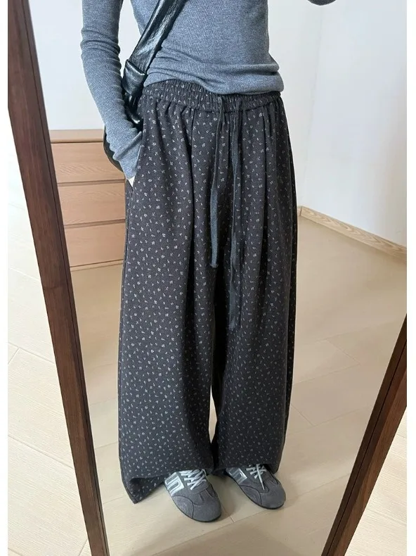 Koreaanse Sle bloemenprint ballonbroek dames winter Fce gevoerde losse pasvorm broek met rechte pijpen Casual Faion