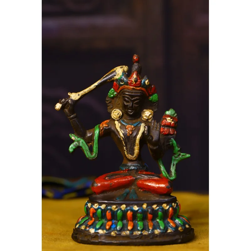 

4"; Tibetan Buddhist temple old copper hand-carved and painted Manjusri Buddha statue, town house to ward off evil