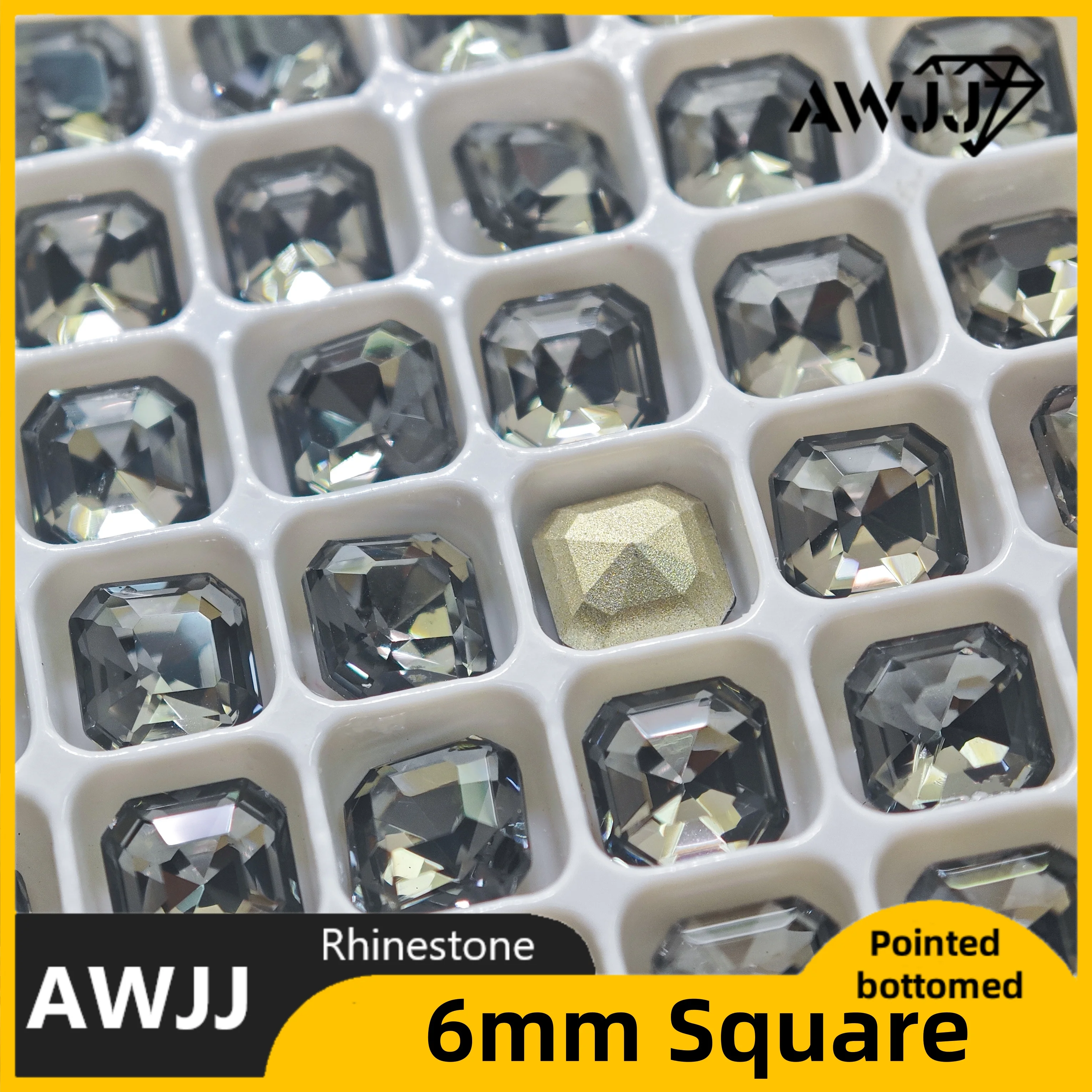 Kryształki kwadratowe ośmiokątne 6 mm, wszystkie kolory, z ostrym dном, kamienie ozdobne do kolczyków, naszyjników, biżuterii do paznokci.