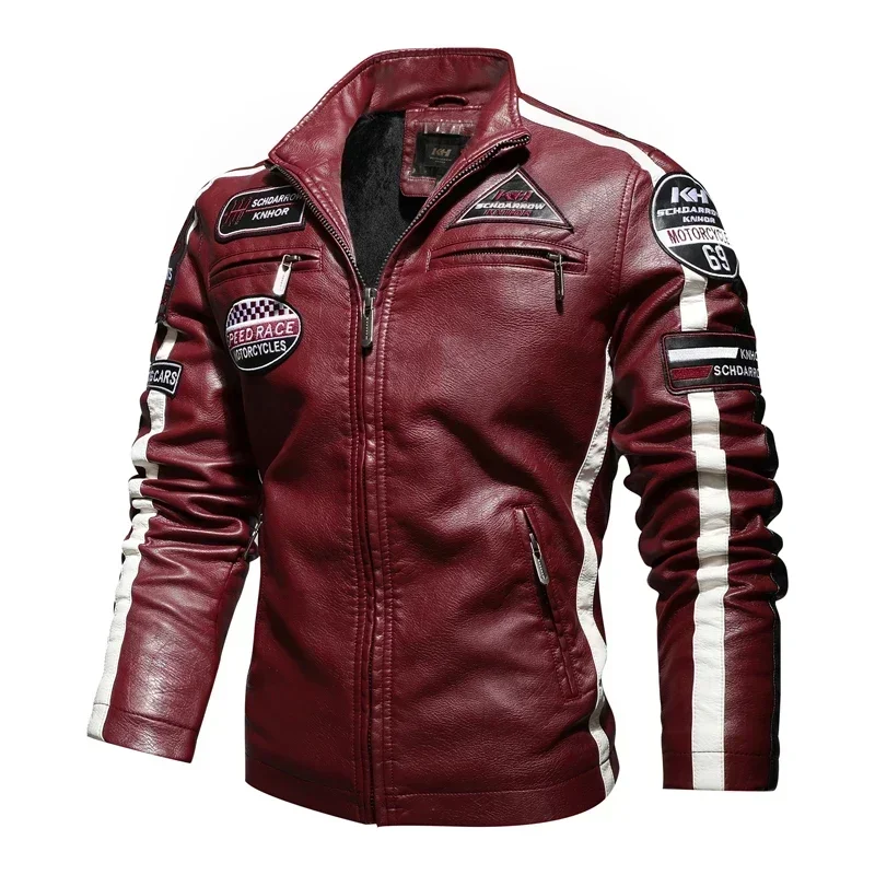 Autumn Winter Men's Motorcycle PU Leather Jacket Color Block Patchwork Plus Velvet Racing Suit Leather Jacket Man Large Size 4XL