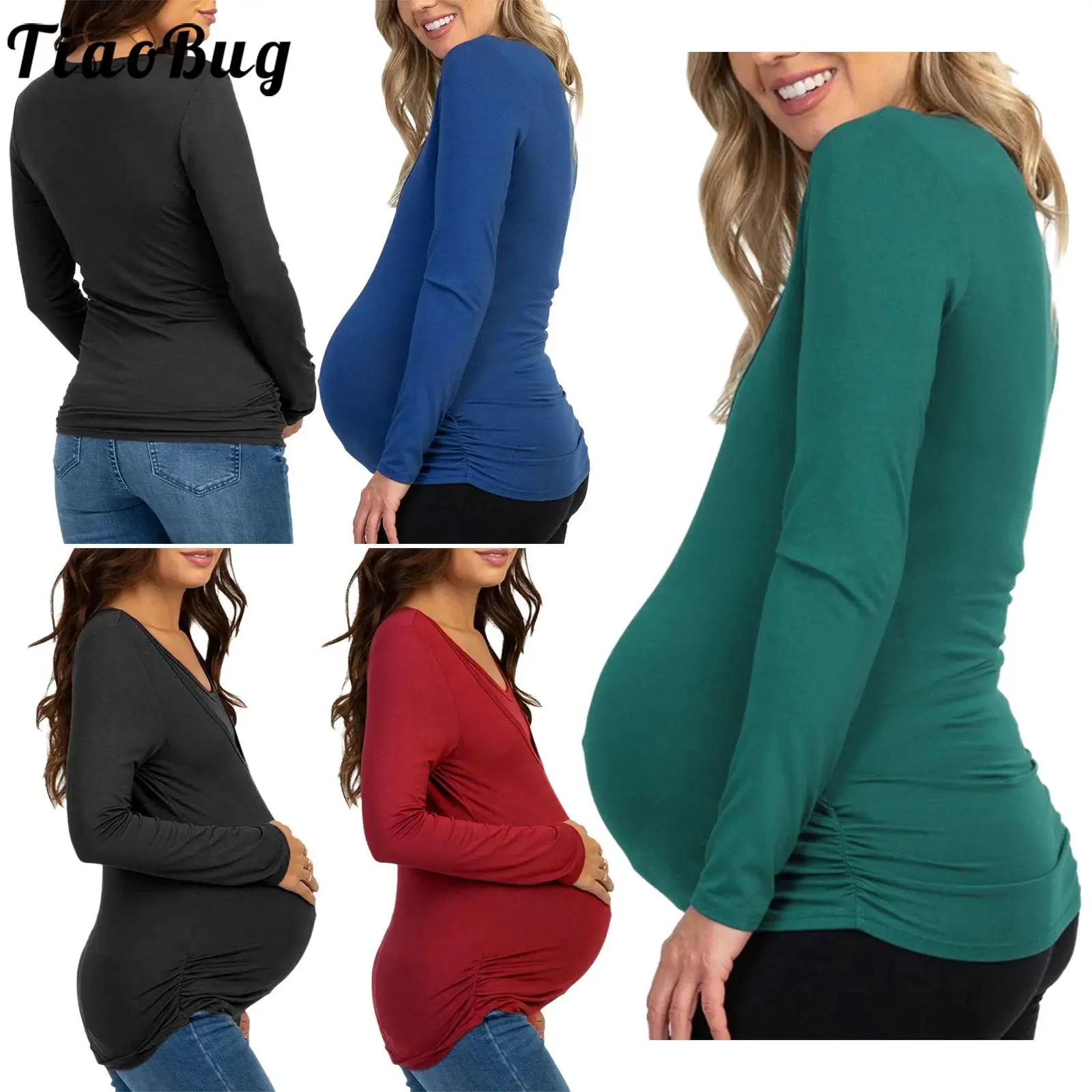 

Женские рубашки для беременных и кормящих мам с длинным рукавом, круглым вырезом, драпировкой, для кормления грудью, осенние повседневные топы для прогулок, одежда для беременных