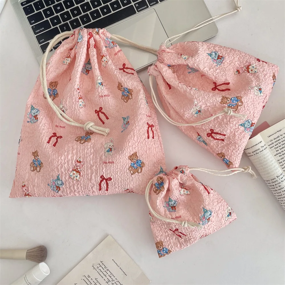 

3Pcs/set Kawaii Drawstring Storage Bag Printing Large Capacity Cartoon Cosmetic Bag Make Up Pouch Bag Coin Purse
