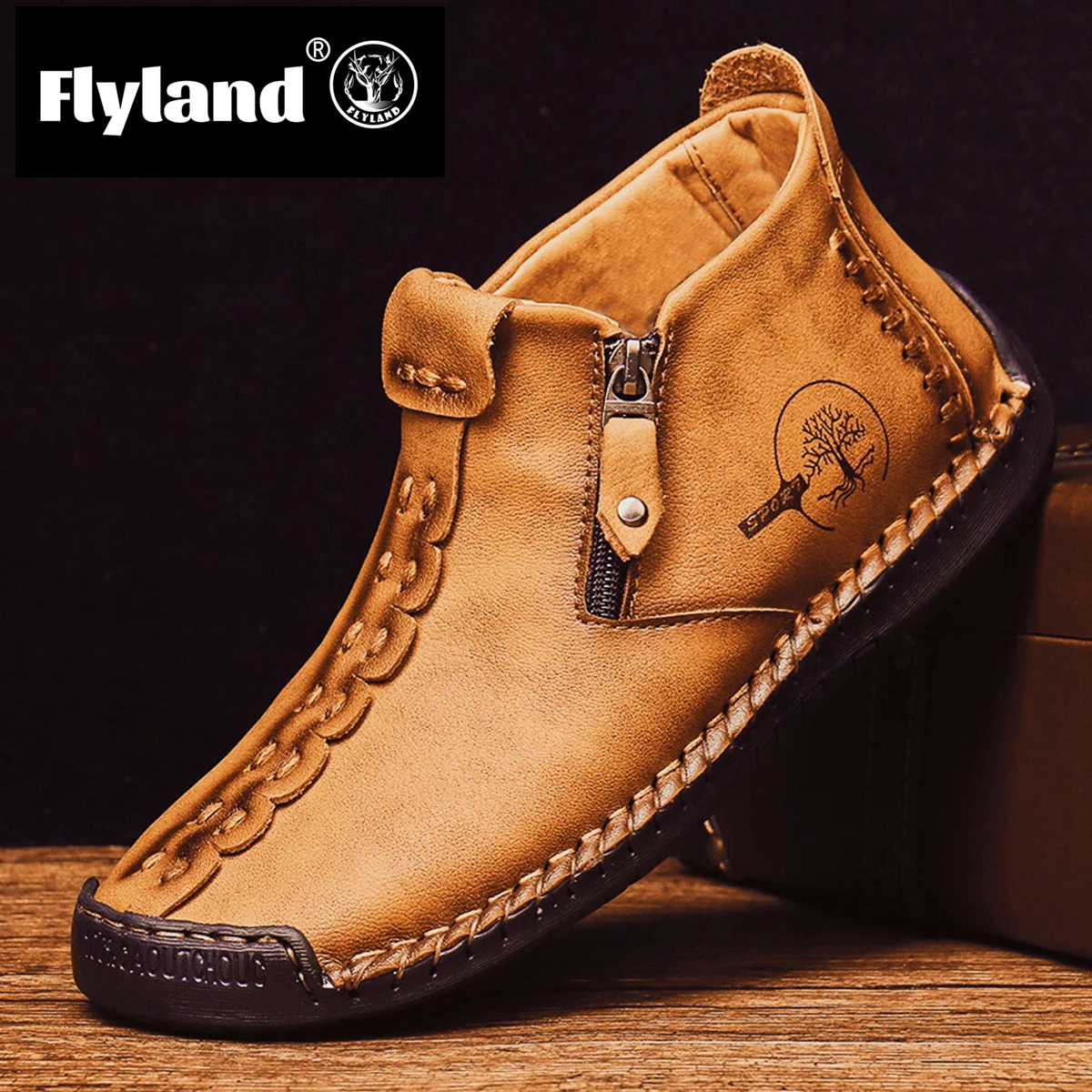 FLYLAND Men's Leather Loafers Vintage Hand Stitching Oxfords Shoes Chukka Boots Ankle Boots Daily Work Office Shoes