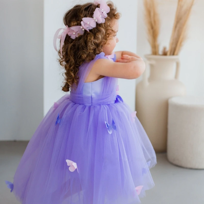 Elegant ดอกไม้สาวชุดสีชมพู PUFFY สําหรับงานแต่งงาน Tulle Applique แขนกุดเด็กของขวัญวันเกิด PARTY First Communion Ball Gown