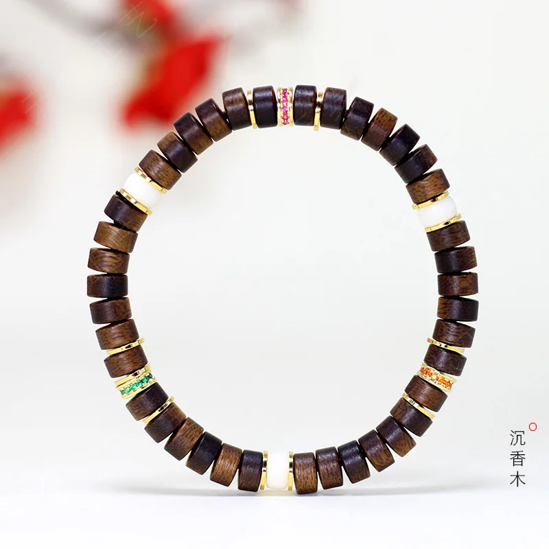 Agarwood wood DIY three-row bracelet, size 7*4, unisex Chinese-style cultural bead string prayer beads