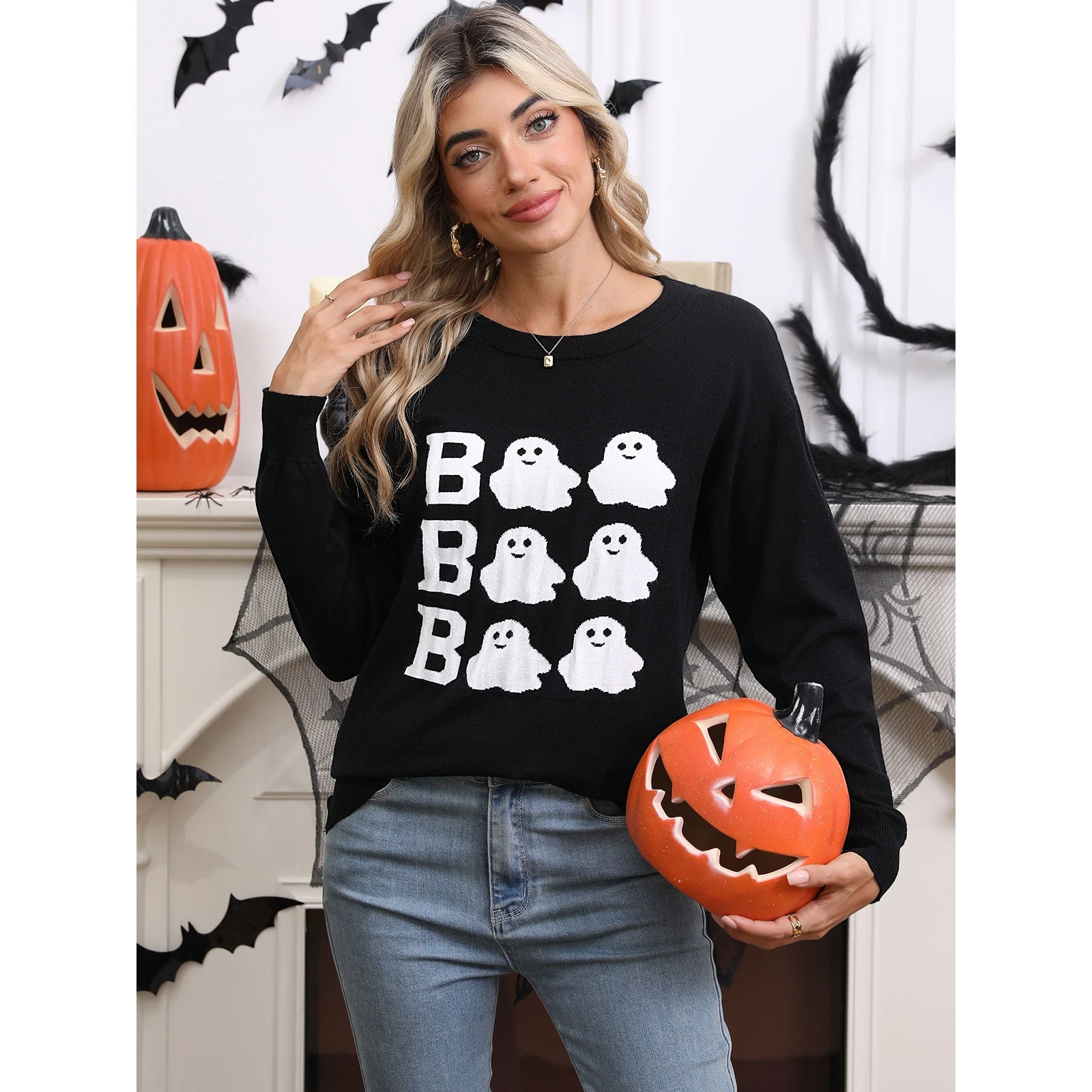 سترة متماسكة مطرزة بموضوع الهالوين سترة كاجوال مستديرة Ne Long Sve سترة نسائية مريحة للترفيه #2