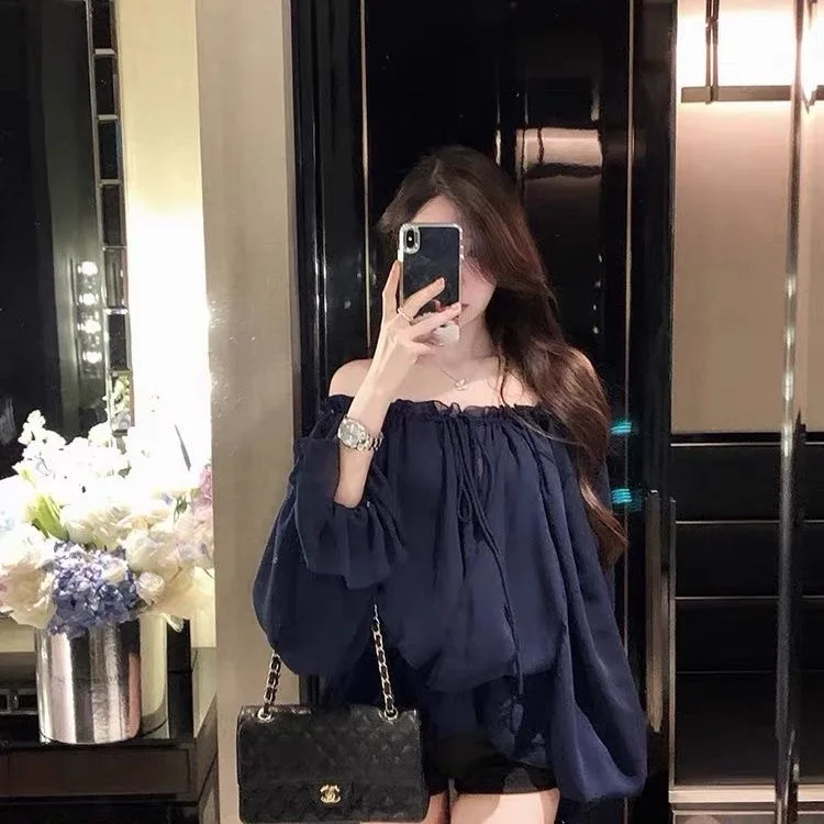 White One-Shoulder Long-Sleeve Chiffon Shirt Women's Summer High-End Pure Desire Unique Beautiful Top Commute Style Loose Fit