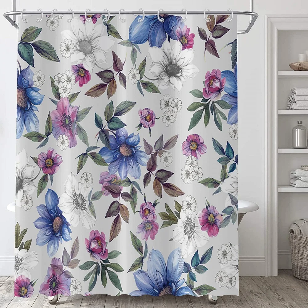 

Watercolor Blue Flower Shower Curtain Floral Plant Leaves Pattern Bath Curtains with Hooks Waterproof Fabric Bathroom Decor