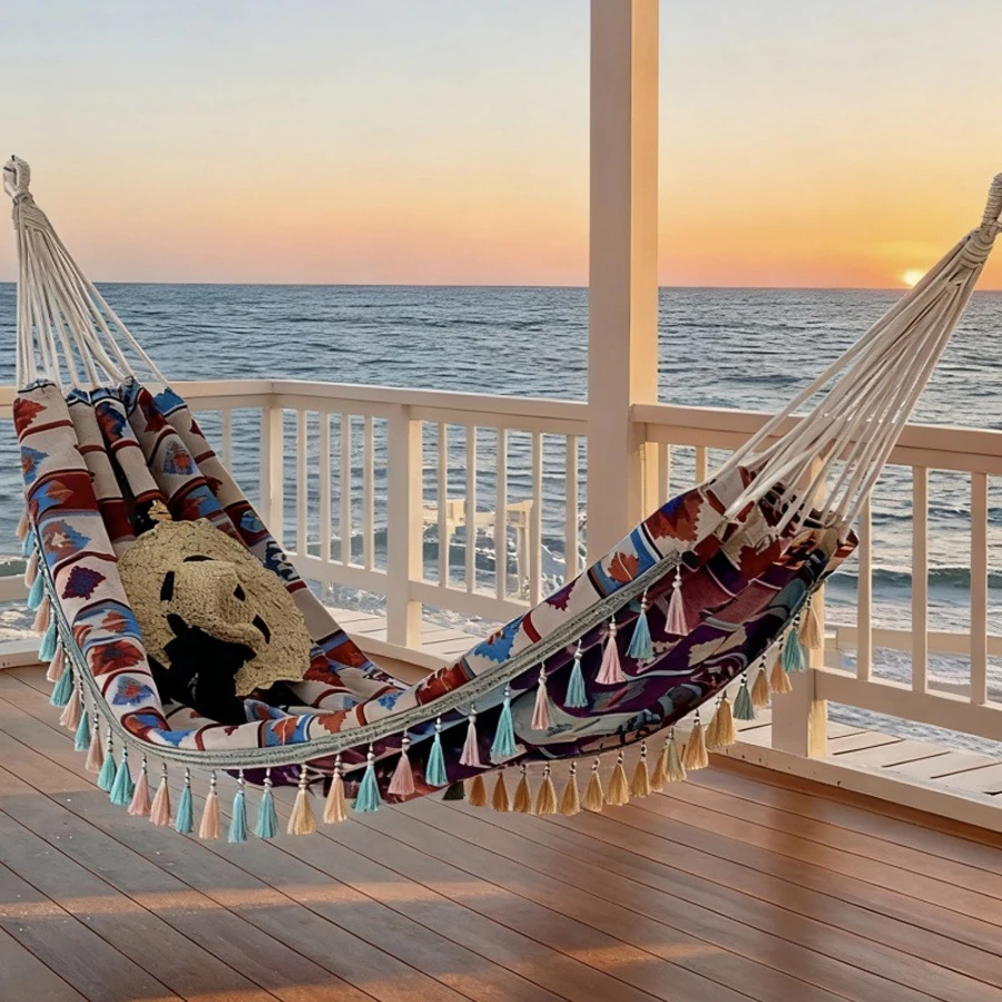 A Bohemian Ethnic Style Outdoor Double Hammock with a Storage Bag and Binding Ropes. image 5