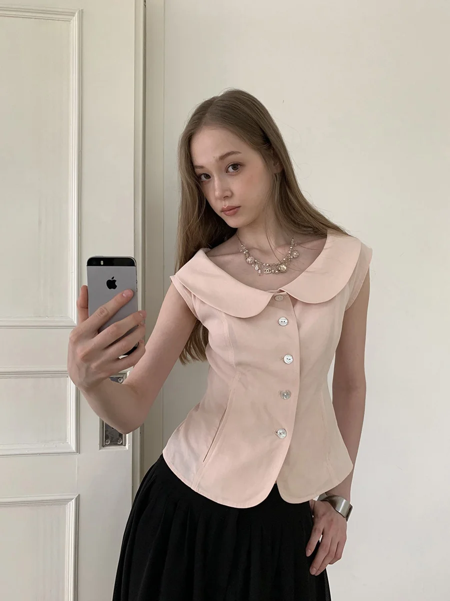 

Рубашка DKZ из смесового льна Lenzing, приталенная, с воротником «Питер Пэн», короткий рукав, однотонная, на пуговицах, повседневный летний топ для девочек