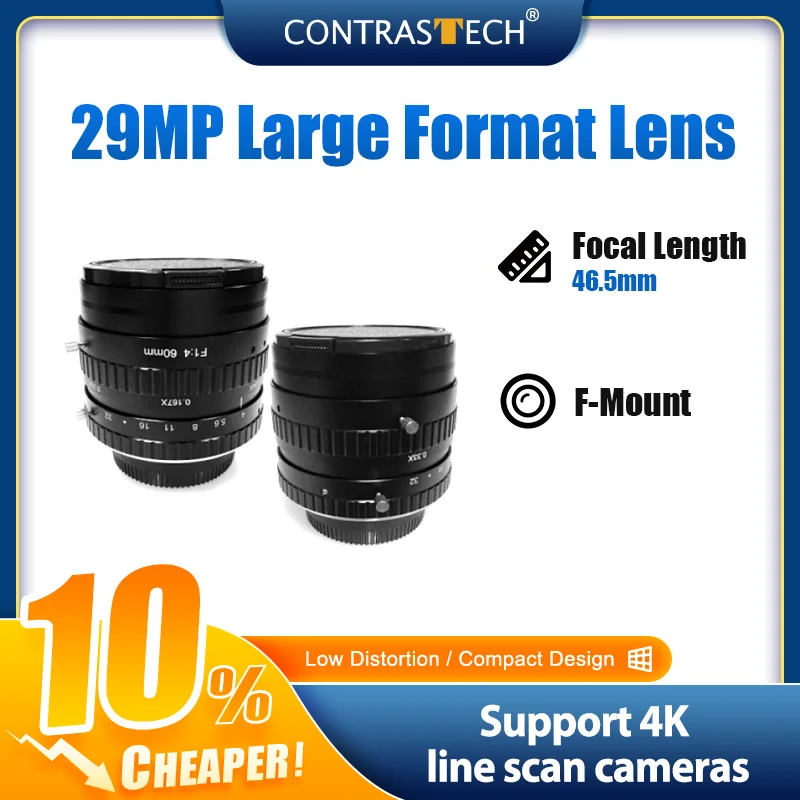 High Pixels 29MP  φ58mm F-Mount 50mm 90mm Large Format Industrial Lens for High Resolution Camera Contrastech