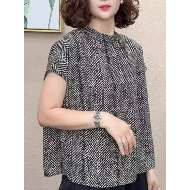 

plus Size Women's Shirt Stylish round Neck Thin Short Sleeve Back Button Casual Top Spring Summer New Arrival Artistic Style