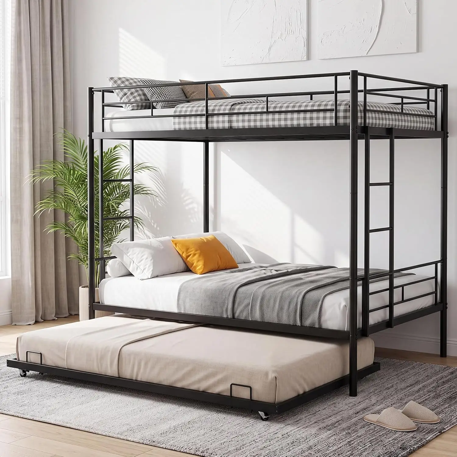 Twin Over Twin Metal Bunk Bed with Trundle, Split Into 3 Beds, Dual Ladder & Rails, No Box Spring, Noiseless, Customized