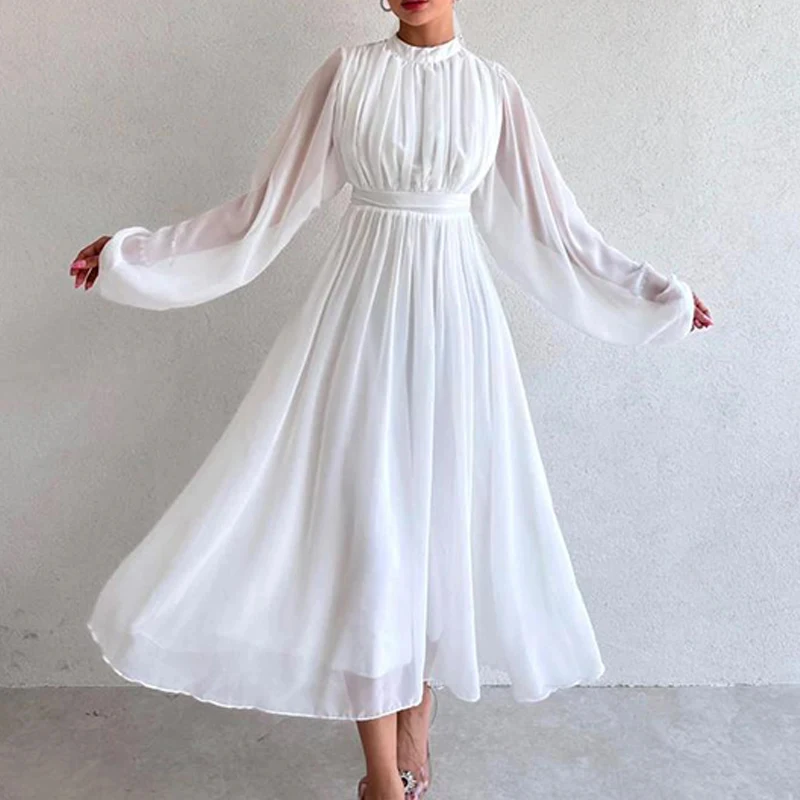 Autumn Women\'s Long Sleeve Solid Color Office Dress Fashion Lady O Neck Casual Maxi Dress 2024 Spring Female Party Chiffon Dress