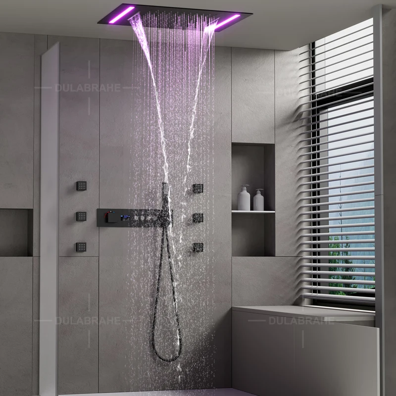 DULABRAHE LED Shower Head 500*360mm Waterfall Rainfall Embedded Ceiling Bathroom Thermostatic Digital Display Shower Faucet Set