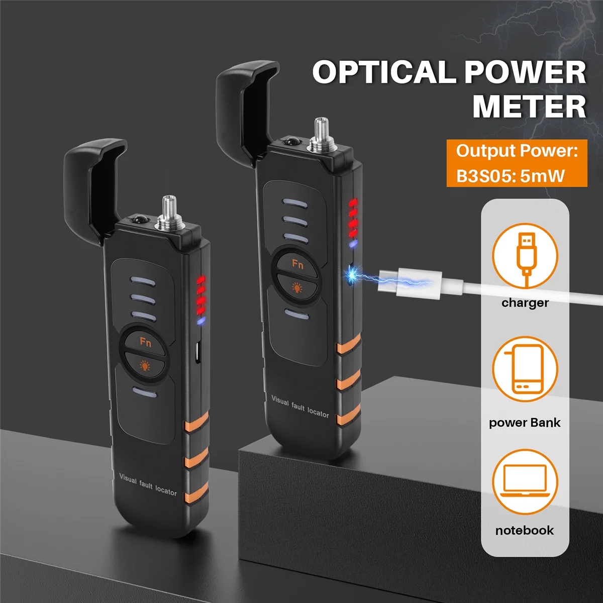 Fiber Optic Tester Pen Type Red Light Visual Fault Locator Rechargeable Optical Cable Test Optical Power Meter 5Mw