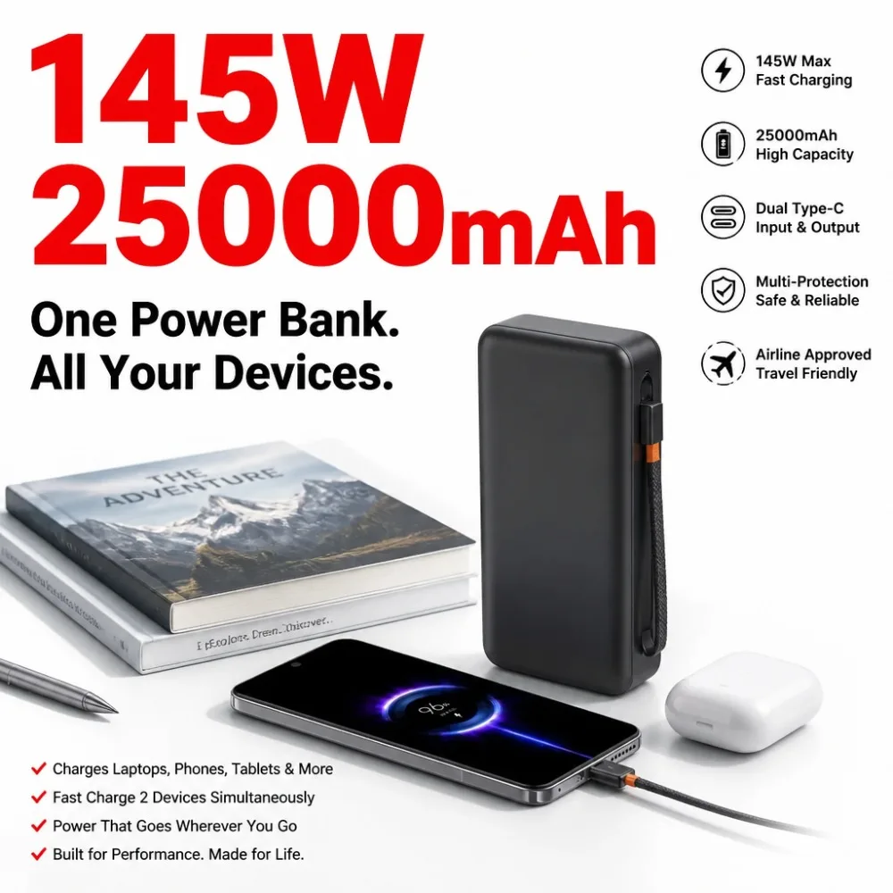 145W 25000mAh Power Bank Fast Charging PD3.0 Built-in USB C Cable Portable Laptop Battery for MacBook iPhone Samsung Tablet