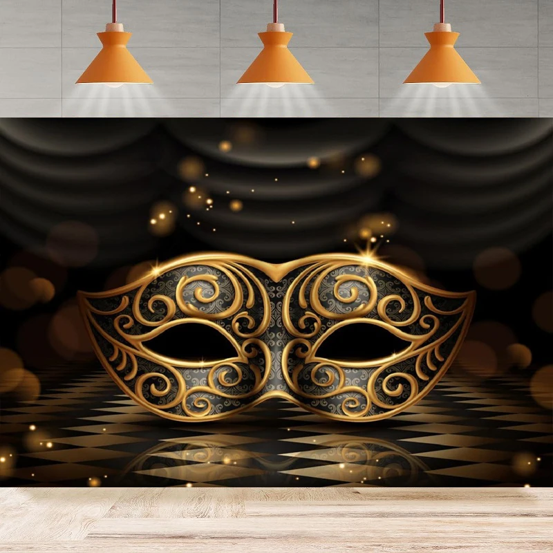 

Mardi Gras Photography Backdrop Carnival Masquerade Glossy Golden Mask Dark Floor Stage Background Party Backdrop Wall Banner