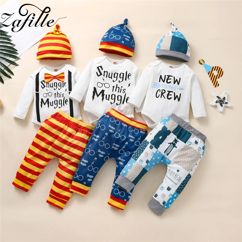 ZAFILLE 2023 Newest Winter Baby Costume For Boy Letter Bodysuit Romper+Print Pants+Hat 3pcs Newborn Clothes 0-9 Months Boy Sets