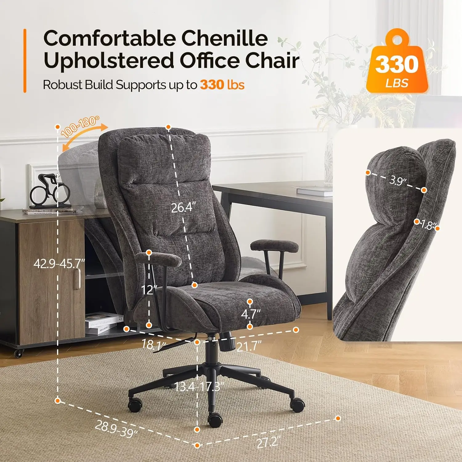 Ergonomic Office Chair 100-130° Recline, Adjustable High-Back Chair With Padded Back & Wheels, Customized