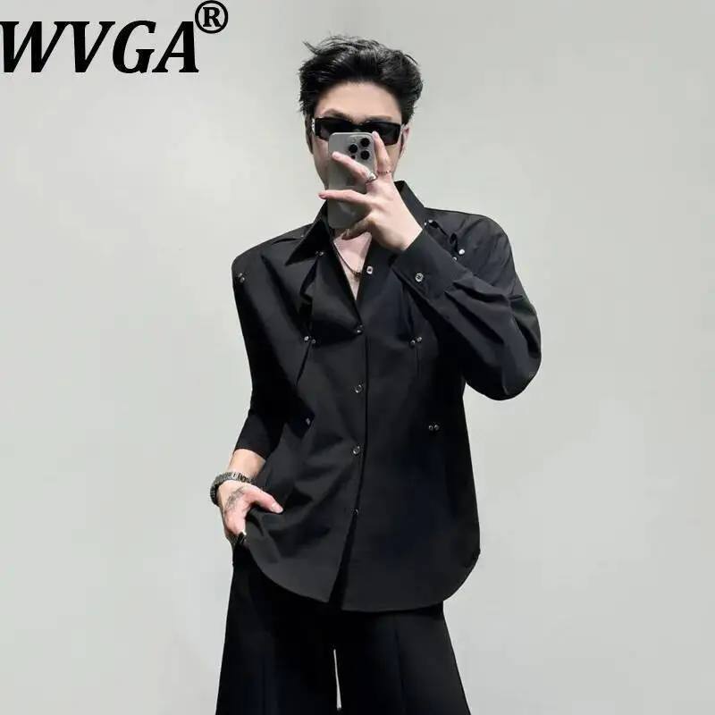 

WVGA Summer Men's Korean Luxury Metal Rivet Deconstructed Long Sleeve Shirt Turn-down Collar Pleated Design High-end Tops W24073