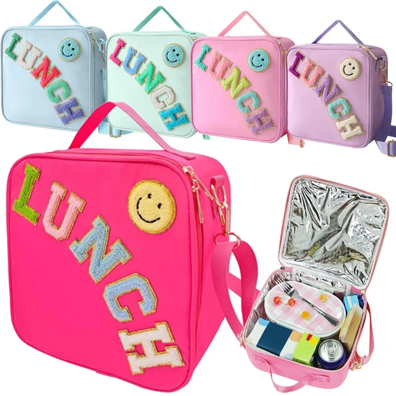 Insulated Lunch Bag With Adjustable Shoulder Strap Nylon Preppy Lunch Box Reusable Lunch Tote Bag for Girls School Travel Picnic