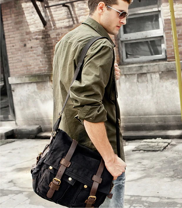 2023 Fashion Vintage Men\'s and Women\'s Messenger Bag Cotton Canvas Leather Crossbody Bags Men Shoulder Bag Casual Sling Bag