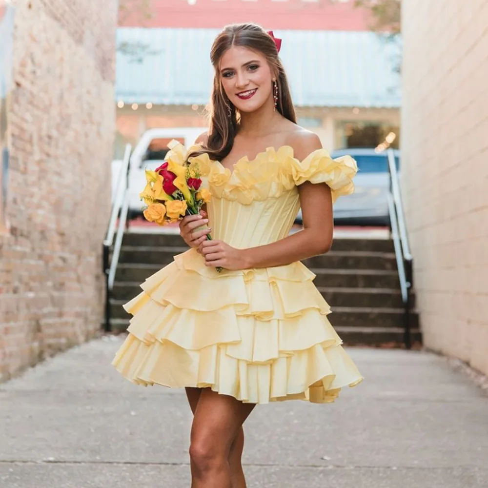 Serendipidty fora do ombro amarelo babados em camadas vestido de cetim mini comprimento roupas femininas flores rendas até voltar vestido de festa à noite