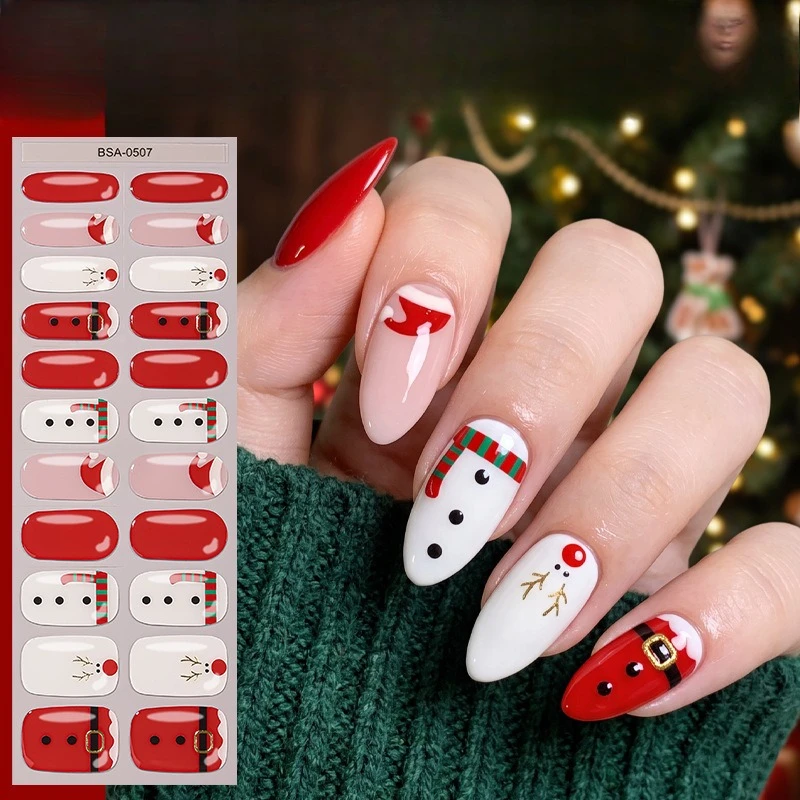 22Tips Christmas Gel Nail Strips Long Lasting Full Cover Glitter Heart Baking-Free Gel Nail Stickers DIY Manicure Decoration