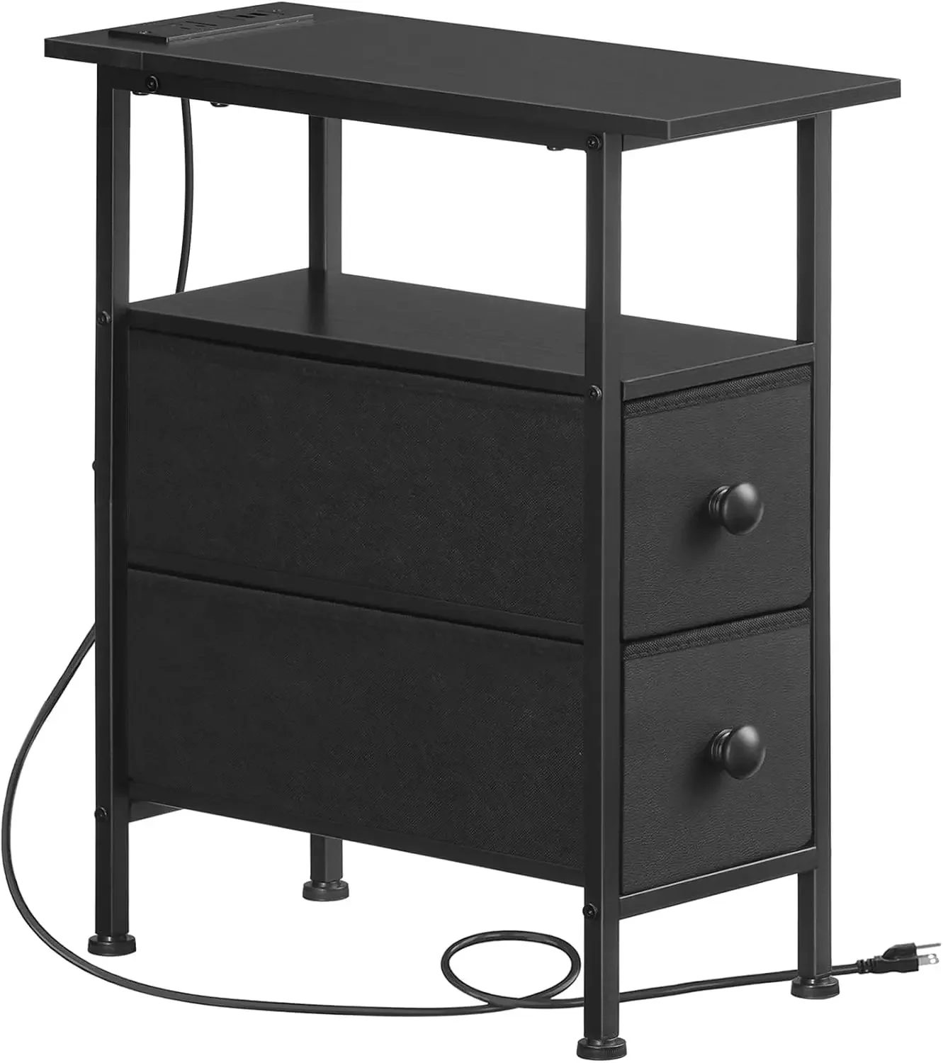 

End Table with Charging Station, Narrow Side Table with 2 Fabric Drawers, Skinny Nightstand with Storage, Slim Bedside Table for