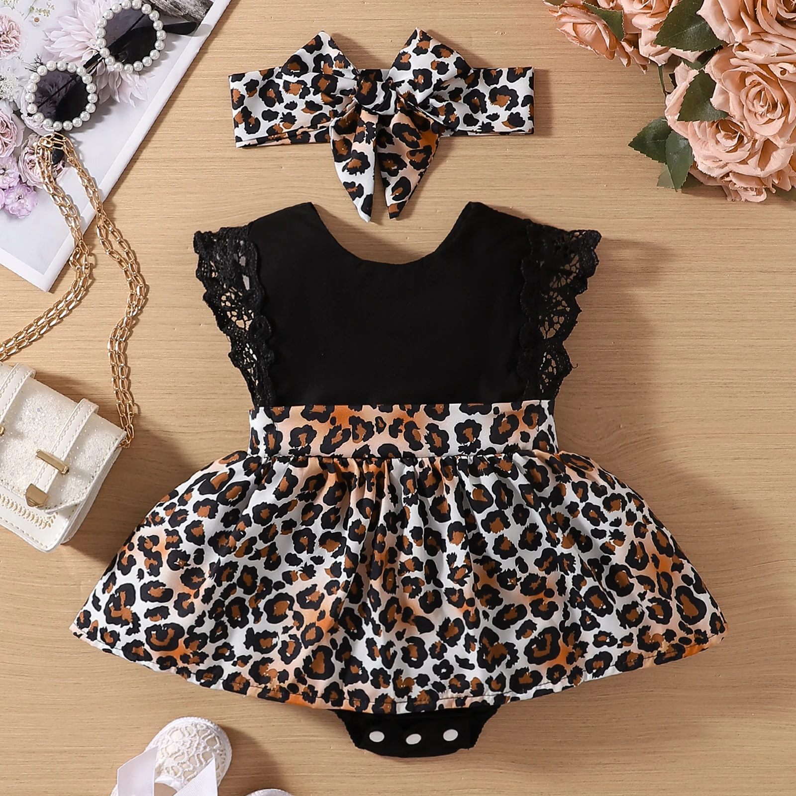 Newborn Summer O-Neck Black & White Lace Flutter Sleeves Cow Pattern Skirt Dress Jumpsuit Romper + Headwear