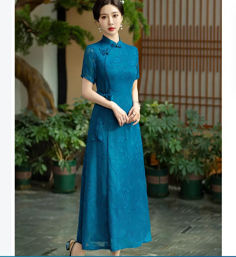 

Summer slimming Audrey cheongsam women's retro blue modified dress