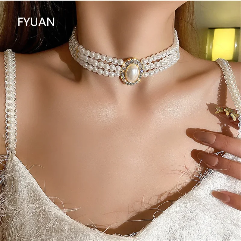 FYUAN Vintage Palace Multilayer Pearl Choker Necklaces for Women Short Geometric Crystal Necklaces Weddings Bride Jewelry