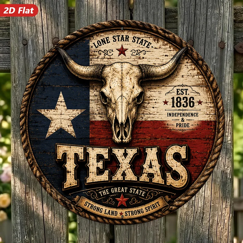 2D Flat, 1pc Round Metal Sign Wall Art, Texas The Early State Theme Wall Art, Longhorn Skull, Star Element, Western Style, Home