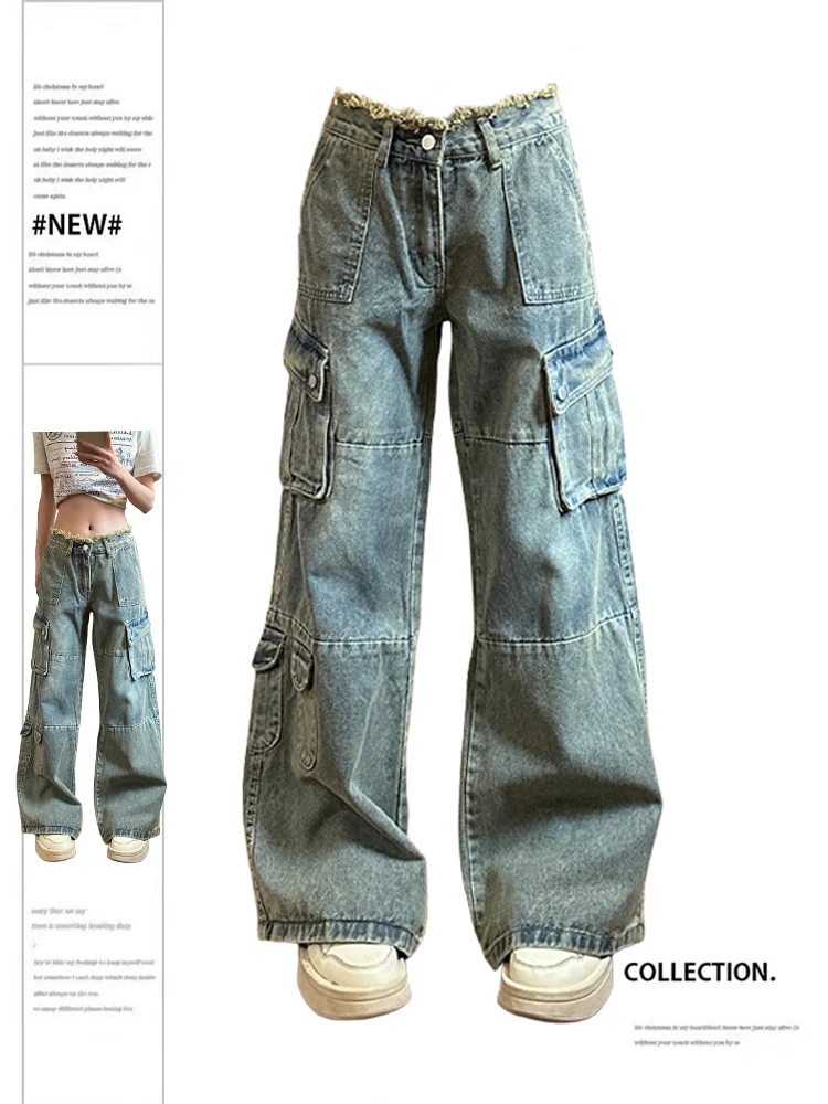 

Women's Blue Y2k Cargo Jeans Harajuku 90s Aesthetic Baggy Oversize Denim Trousers Korean Jean Pants Vintage 2000s Trashy Clothes