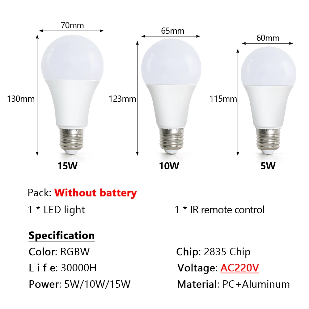 LED RGB Lamp Spotlight Bulb 220V E27 5W 10W 15W IR Remote Control Led Light Bulb 2835SMD Colorful Smart Led RGBW Lamp Home Decor