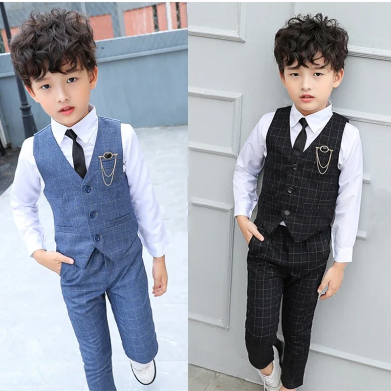 Kids Boy Blazer Plaid Vest Waistcoat Wedding Clothes Set Toddler Formal Dress Suit Child Brooch Shirt Pant Baby Gentlemen Outfit