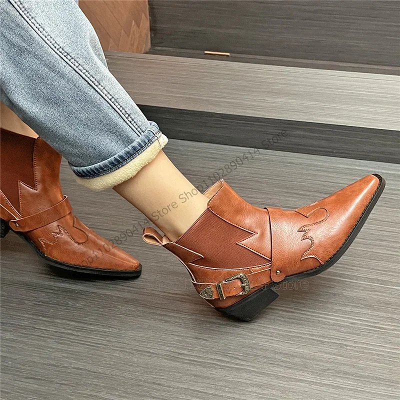 

Brown Patchwork Totem Design Buckle Decor Ankle Boots Slip On Women Shoes Chunky Heels Fashion Banquet 2023 Zapatos Para Mujere