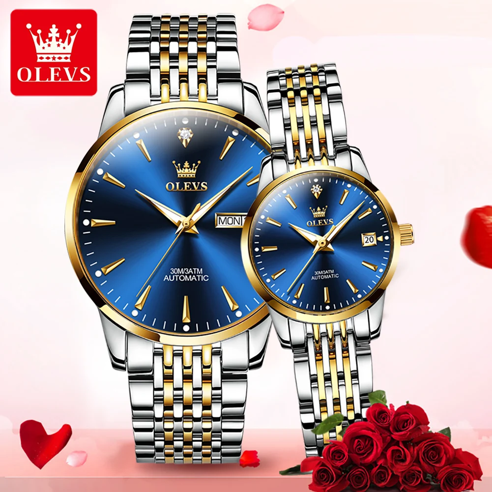 OLEVS 6635 Couple Watches Luxury Original Business Brand Waterproof Luminous Mechanical Watch Dual Calendar Design For Date