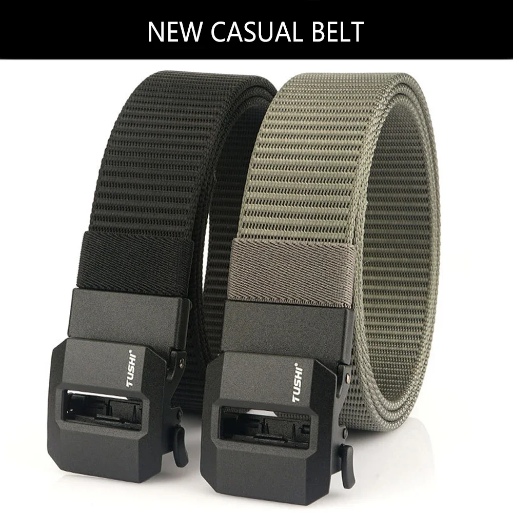TUSHI Brand Classic High-End Elongated Thickened Men's Tactical Nylon Waist Belt Toothless Smooth Automatic Buckle Canvas Nylon