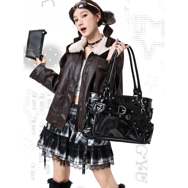 Black Patent Leather Ita Shoulder Bag Clear Window Tote with Star Stud & Belt Buckle Detail Y2K Punk Style Handbag for Pin