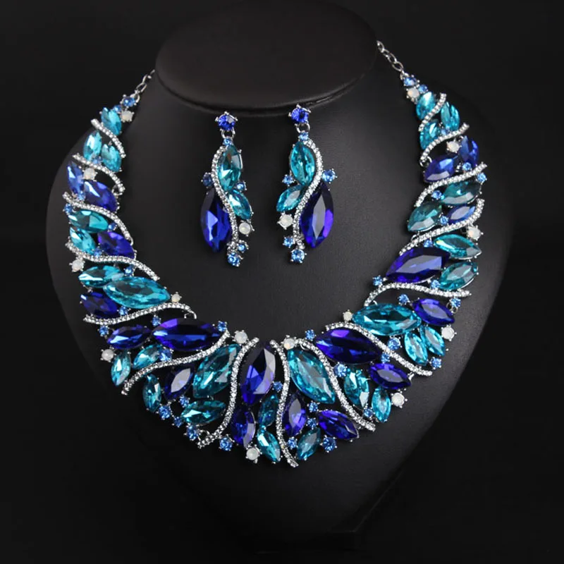 

DIY accessories European and American exaggeration, crystal gemstone short clavicle necklace earring set, female dress dinner br