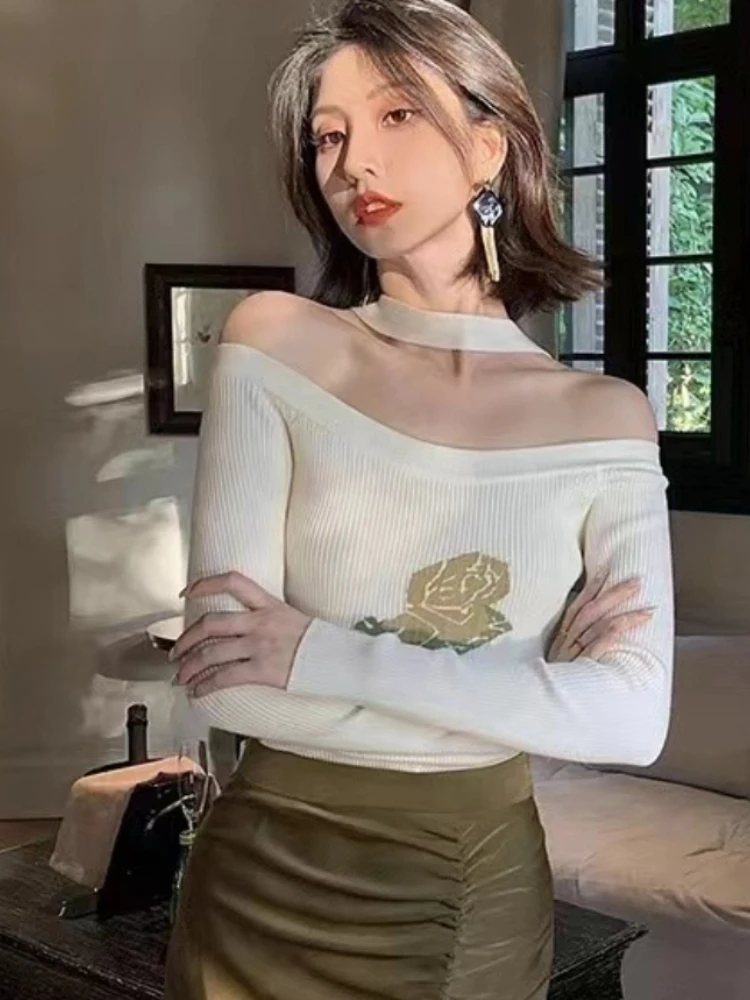 

Slim Off-Shoulder Long-sleeved Sweater Spring New Fashion Slash Neck Printed Pullover Korean Style Elegant Knit Base Layer Top