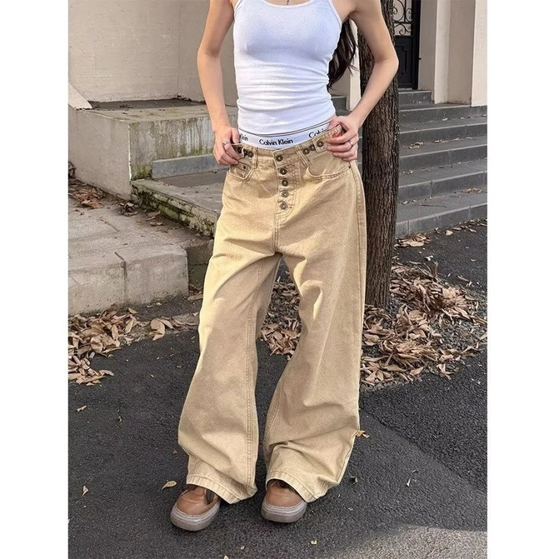 

Женские изогнутые джинсы цвета хаки в американском стиле, новые широкие брюки, корейские повседневные прямые свободные рабочие брюки, брюки для похудения