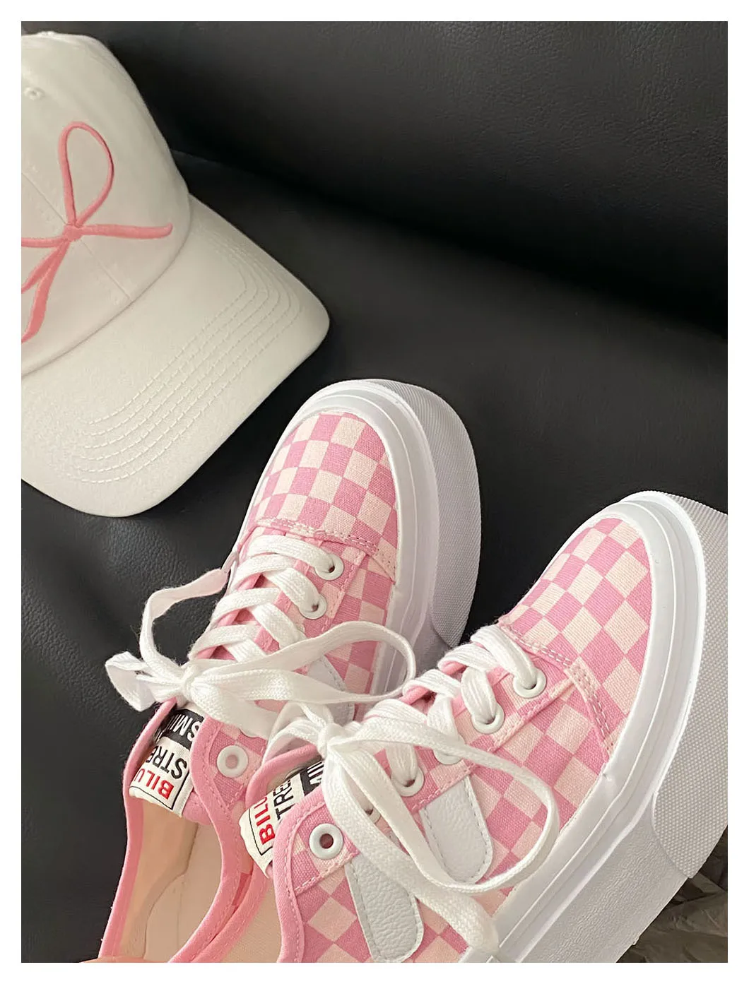 New Women Pink Checkered Canvas Shoes Thick Sole Female Beige Sneaker Lace Up Shallow Summer Flat Casual Shoes Soft Latex Insole