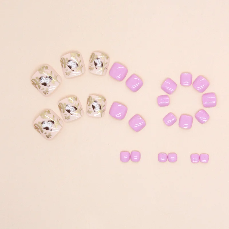 24 قطعة من أظافر الضغط على أصابع القدم - مجموعة باديكير كاذبة من رقائق الوردي والذهبي بتصميم فراشة الزهور الفاخرة بأحجام متعددة #4