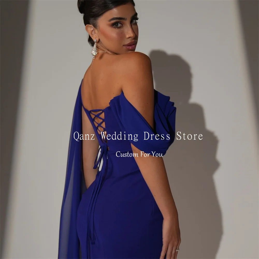 Qanz Blue One Shoulder Evening Dresses Mermaid Vestido Formales Elegante Lace Up Back Saudi Arabia Formal Dress Customized