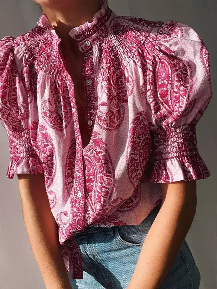 

New Stand Collar Print Short Puff Sleeves Shirt Women Chic Vintage Single Breasted Blouse 2024 Fashion Lady High Streetwears