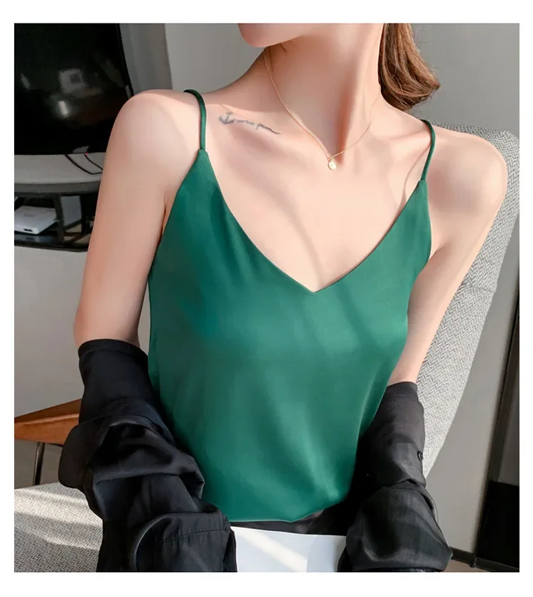 Summer Silk Suspenders Camisole Sling V-neck Loose Bottoming Satin Vest Sexy Crop Top for Women